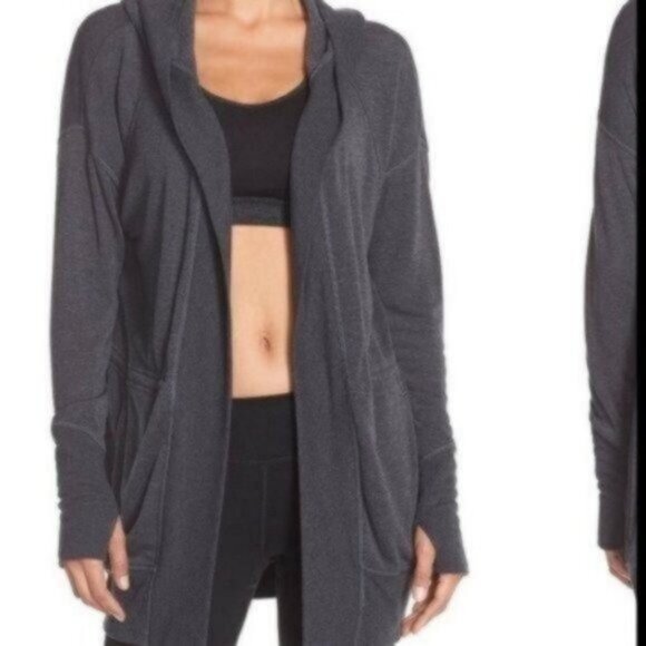 Zella | Long Hooded Active Open Front Cardigan Jacket Gray - Picture 1 of 10